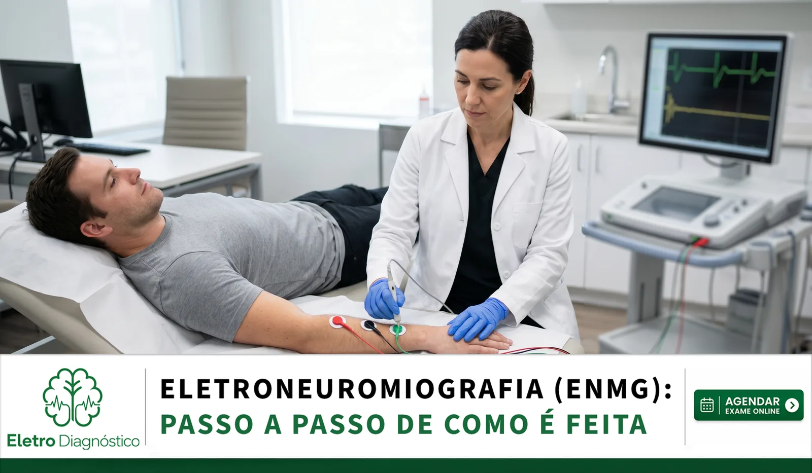 Médico especialista realizando o estudo de condução nervosa com eletrodos no punho, mostrando passo a passo como é feito o exame de eletroneuromiografia