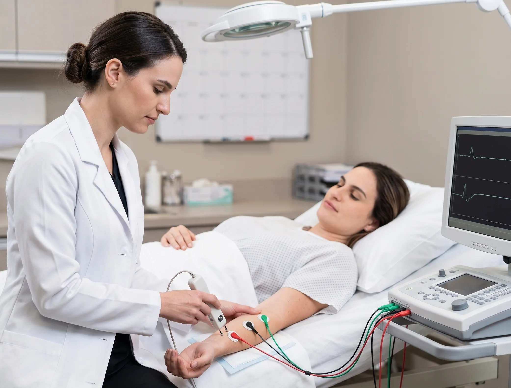 Médica especialista realizando eletroneuromiografia em paciente gestante com total segurança, ilustrando o procedimento de ENMG na gravidez