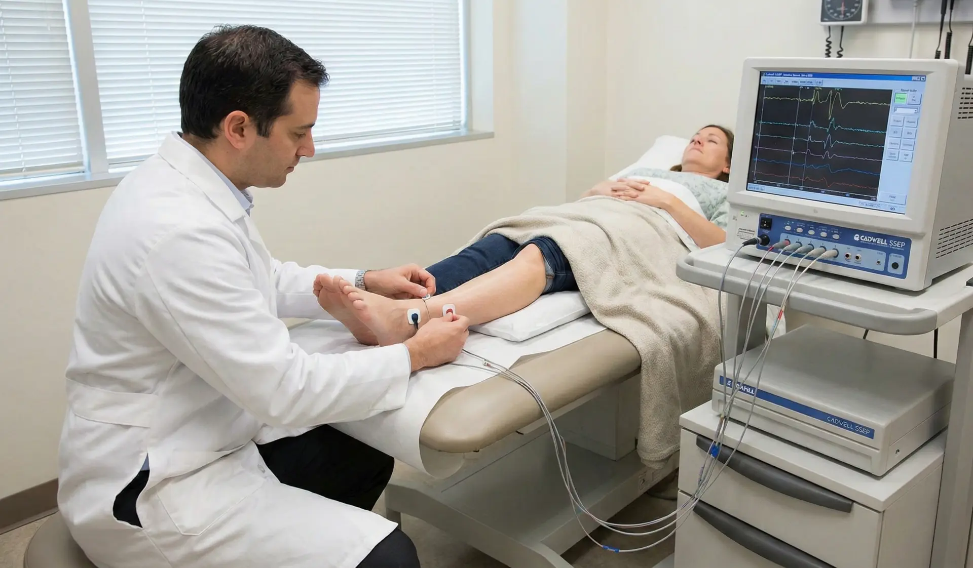 Médico realizando potencial evocado somatossensitivo com eletrodo no tornozelo do paciente