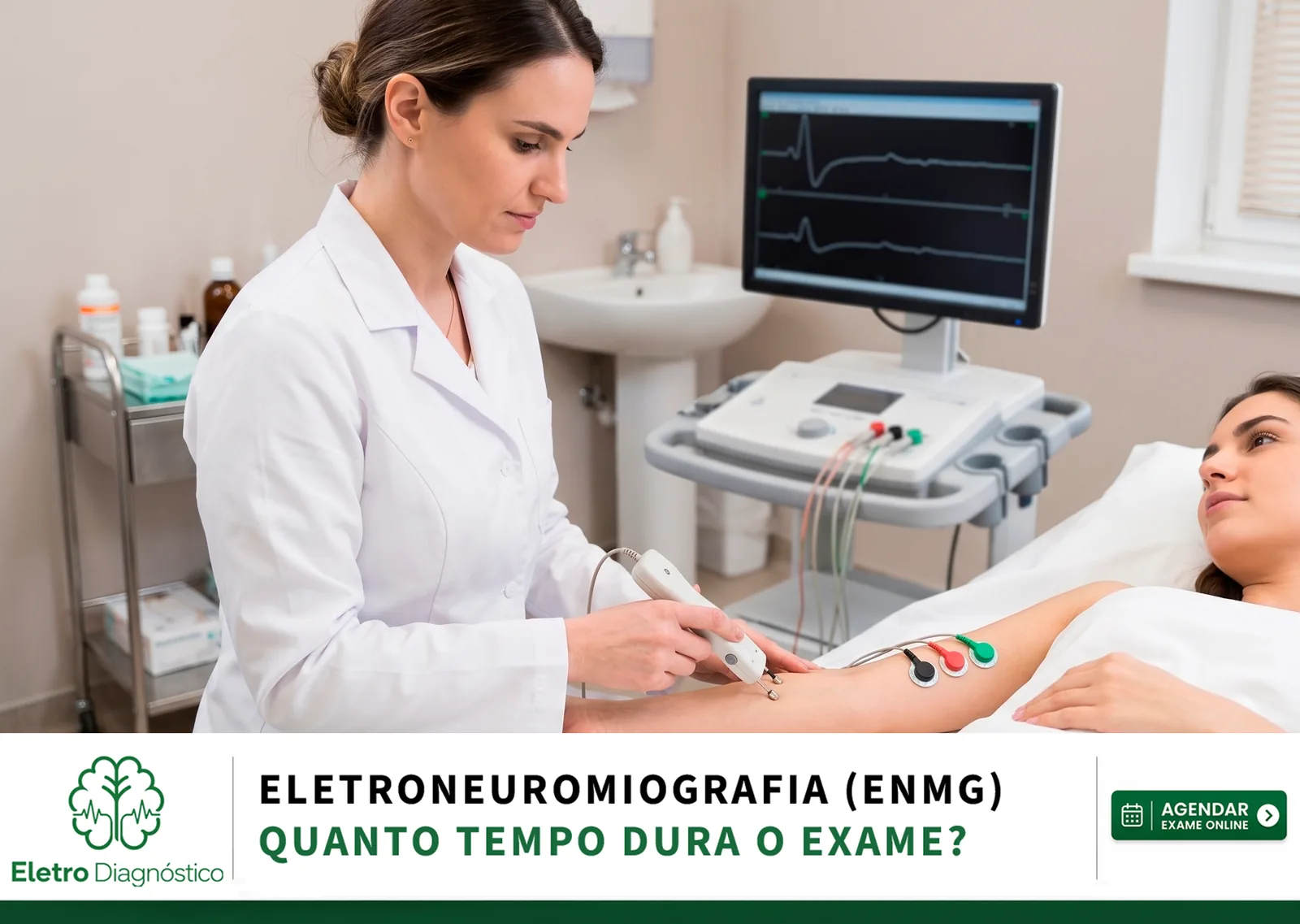 Médico aplicando estímulos elétricos no braço do paciente durante eletroneuromiografia, demonstrando o procedimento em andamento e a duração típica do exame