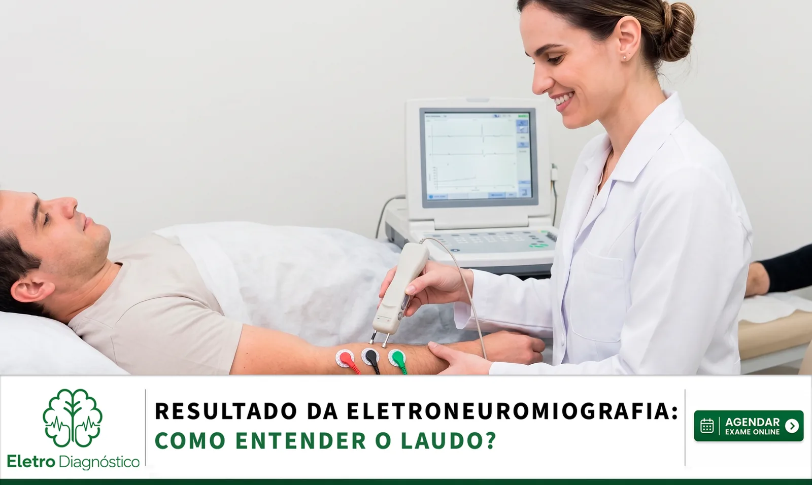 Médico neurofisiologista avaliando os estímulos nervosos do paciente durante exame para emissão do laudo e resultado da eletroneuromiografia