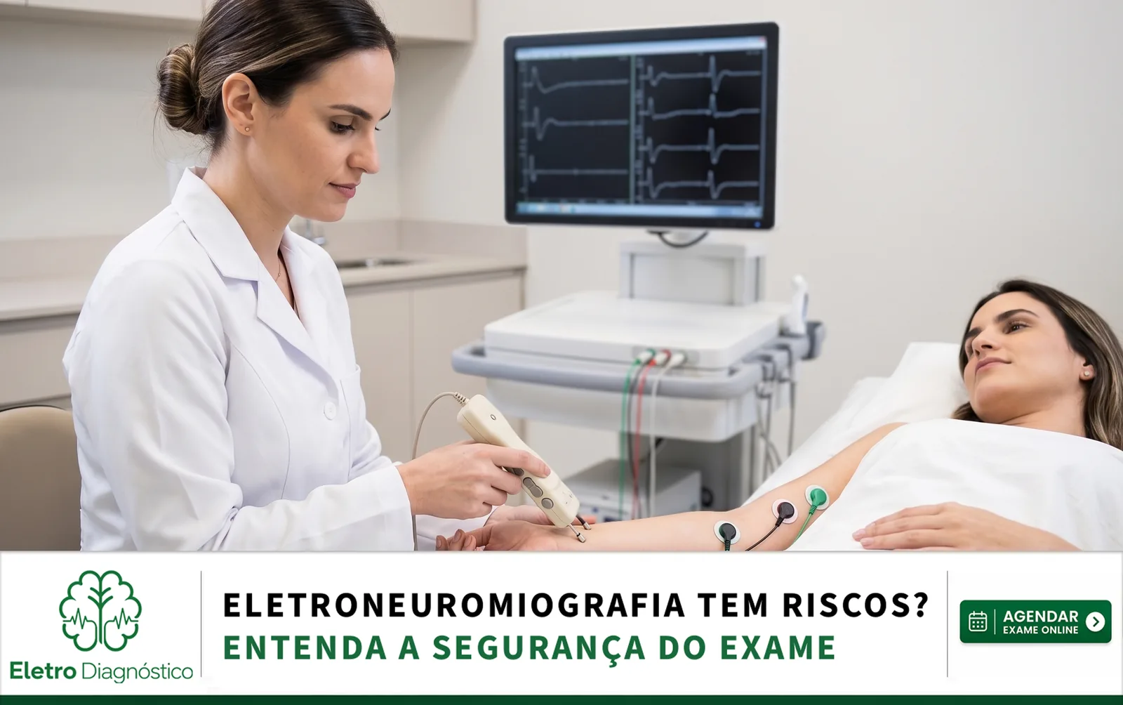 Médica especialista utilizando agulha descartável estéril em paciente, assegurando a técnica limpa e a ausência de riscos na eletroneuromiografia